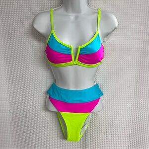 Neon Colorblock V-Bar Bikini - Bright Yellow, Pink & Cyan